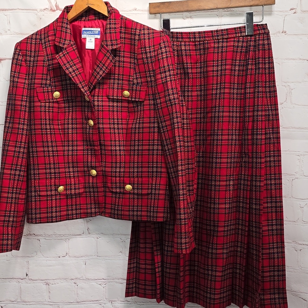 Pendleton 80's Red 100% Wool Tartan Suit Blazer & Pleated Skirt Womens Size 10P